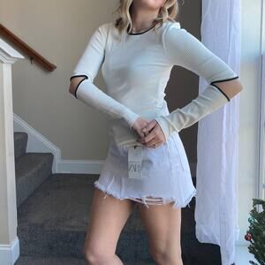 Zara white ribbed long sleeve top with elbow cutouts and black trim, SMALL